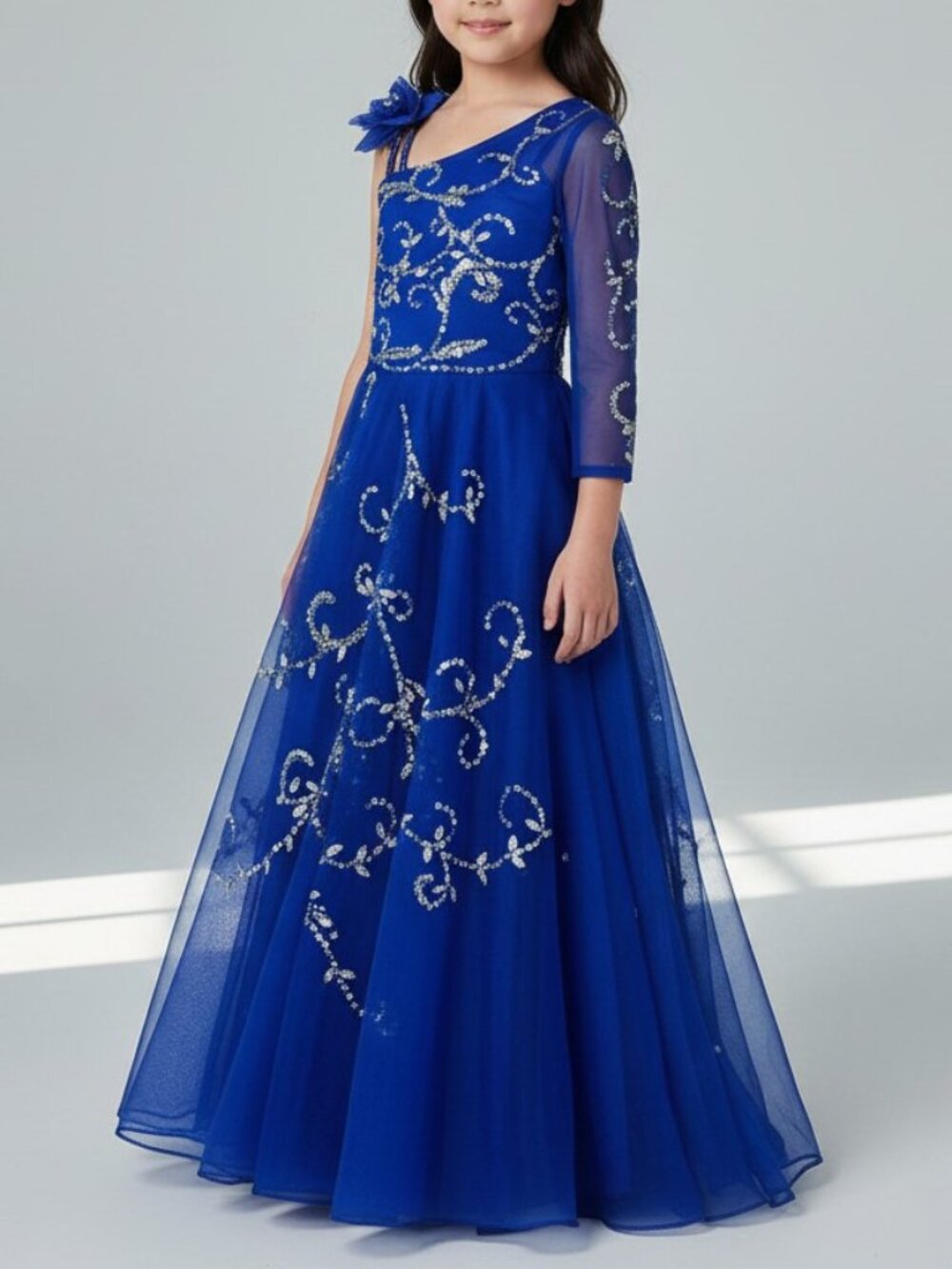Vibrant Royal Blue One-Shoulder Glitz Pageant Gown - Size 8